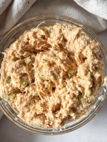 buffalo tuna salad in a glass bowl. overhead view