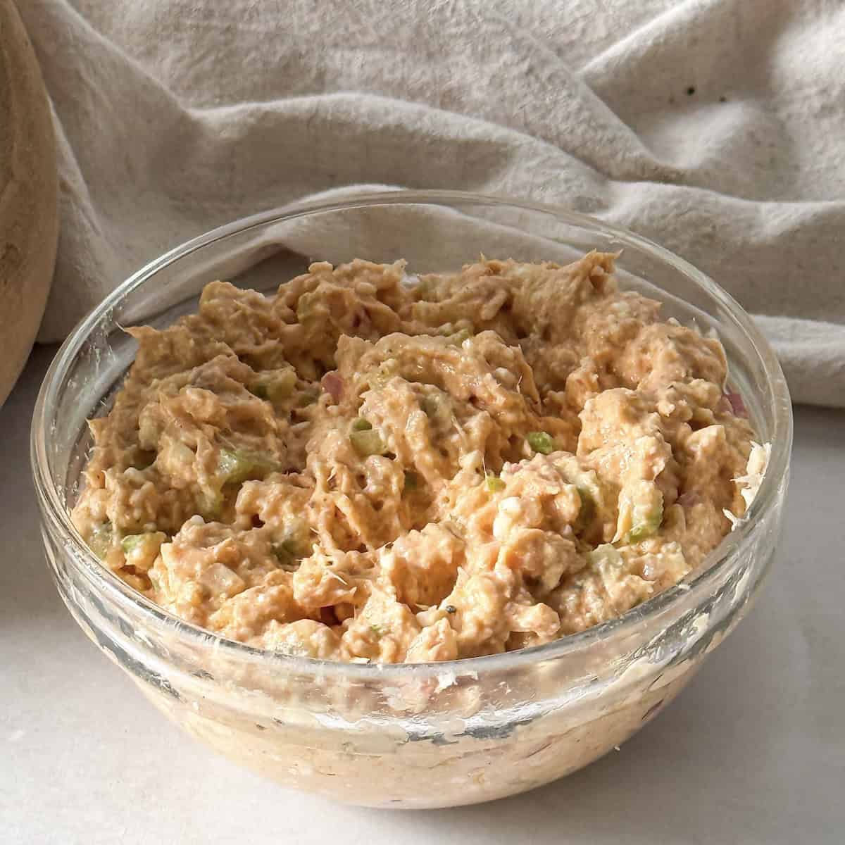 buffalo tuna salad in a glass bowl.