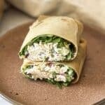 close up view of chicken salad wrap.