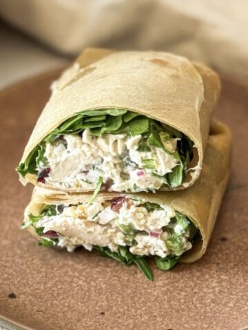 close up view of chicken salad wrap.