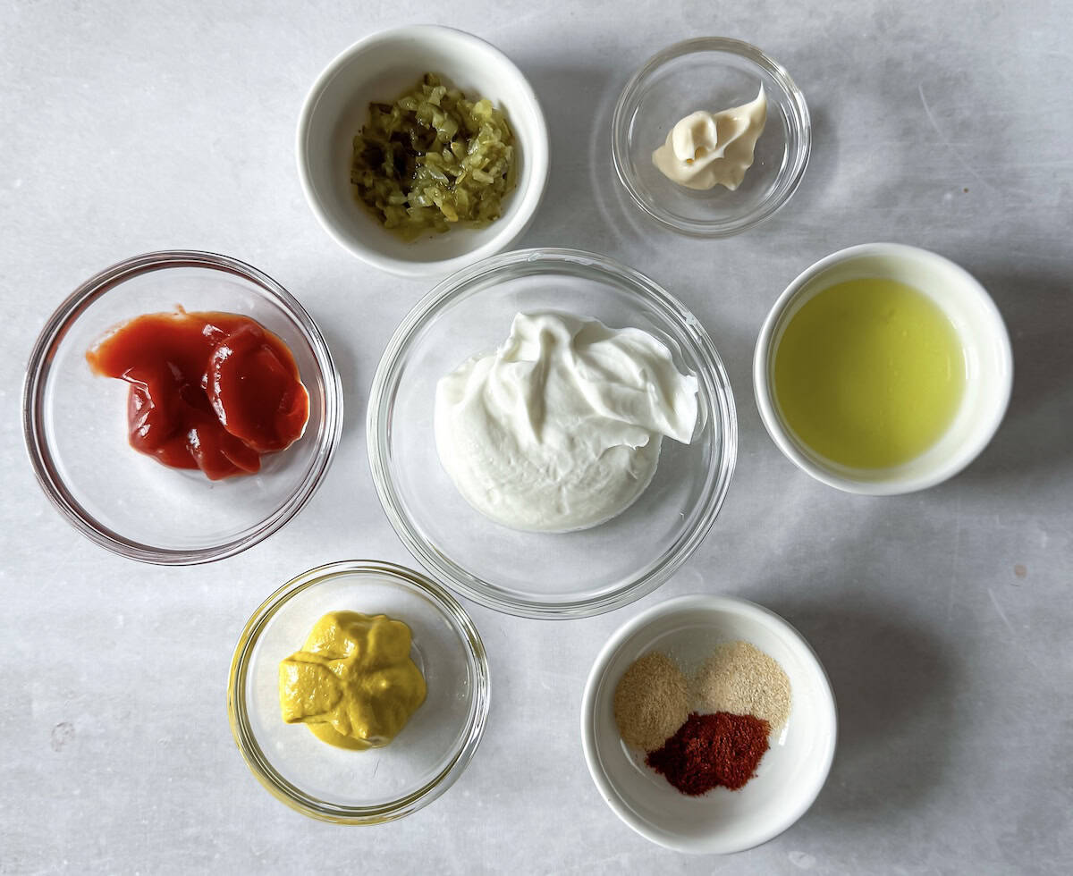 ingredients for big mac sauce overhead view.