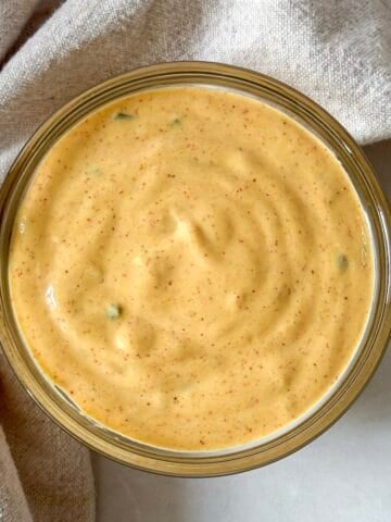 overhead view of big mac sauce (special sauce) in a small bowl.