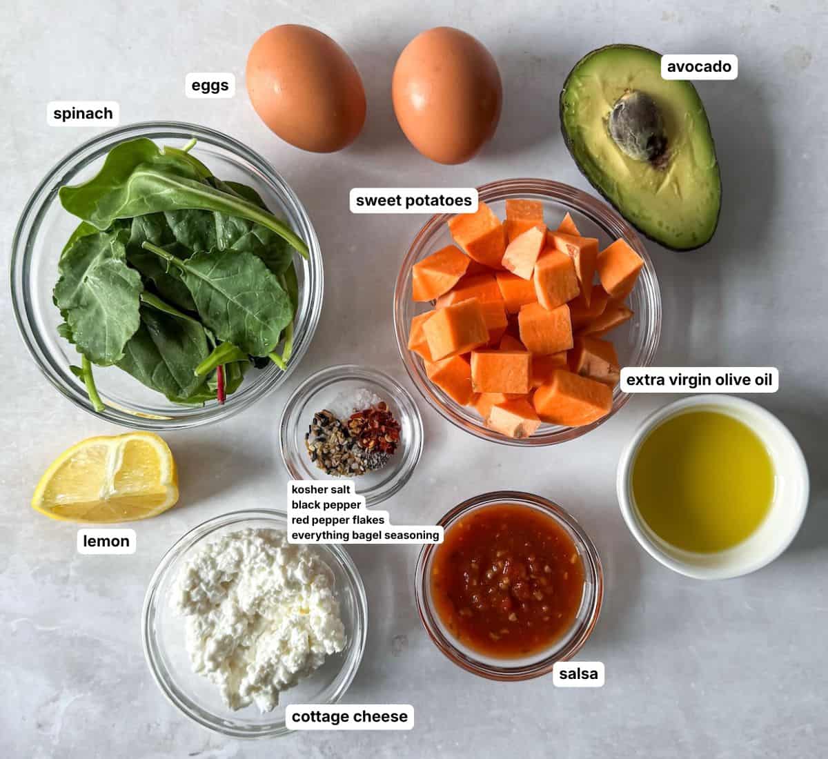 Ingredients to make a healthy egg breakfast recipe in individual containers on a table with labels.
