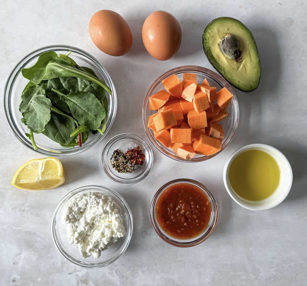 ingredients for brekky bowl on a table.