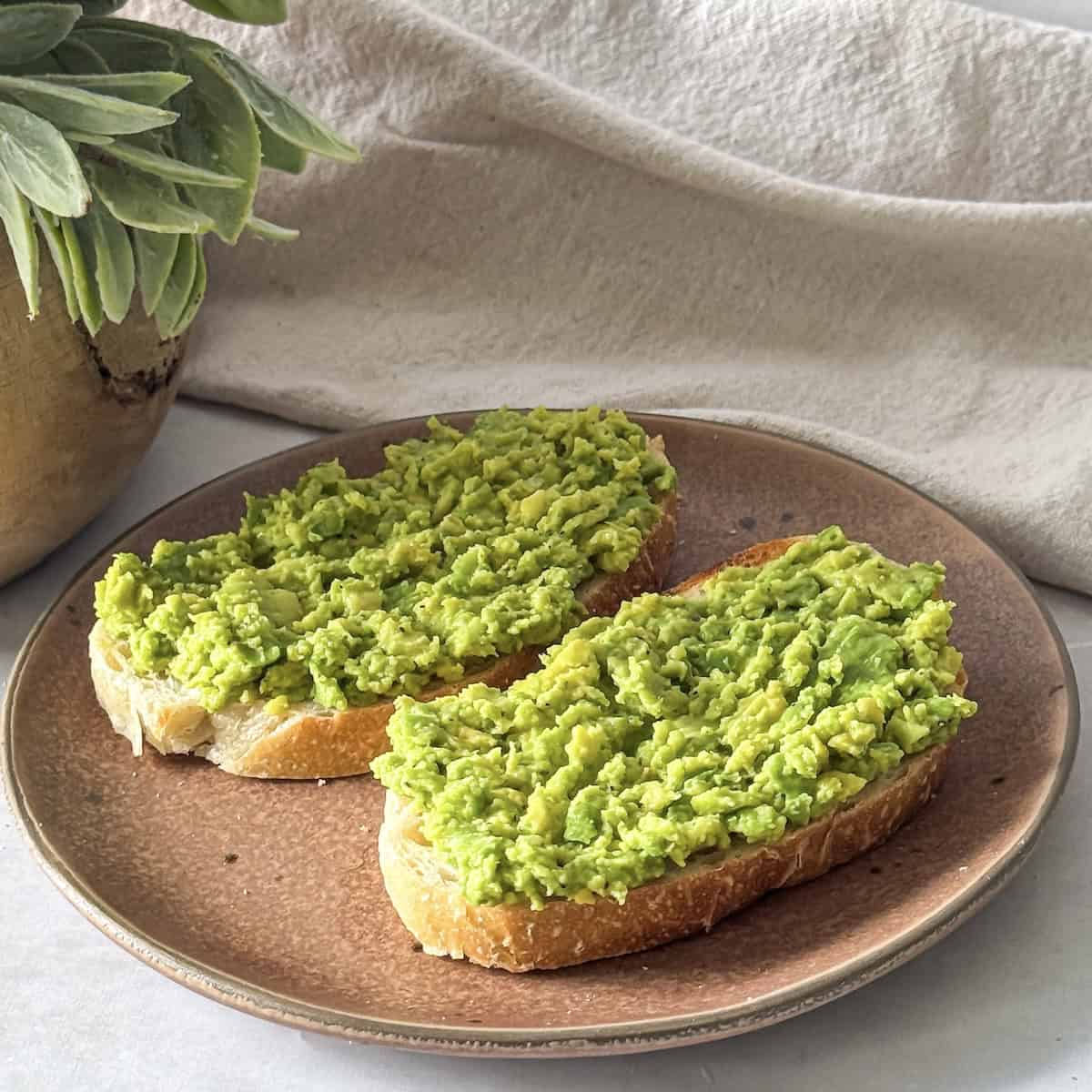 mashed avocado mixture on 2 slices of toast.
