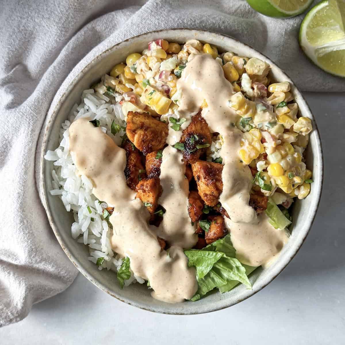 overhead street corn chicken rice bowl.