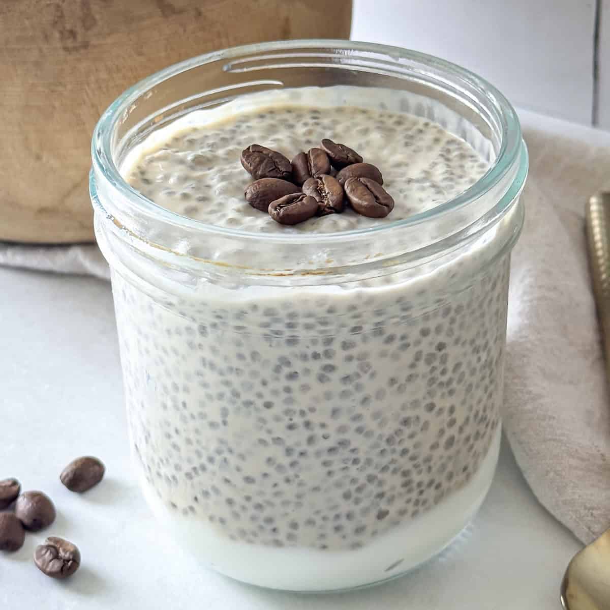 close up side view of coffee chia pudding.