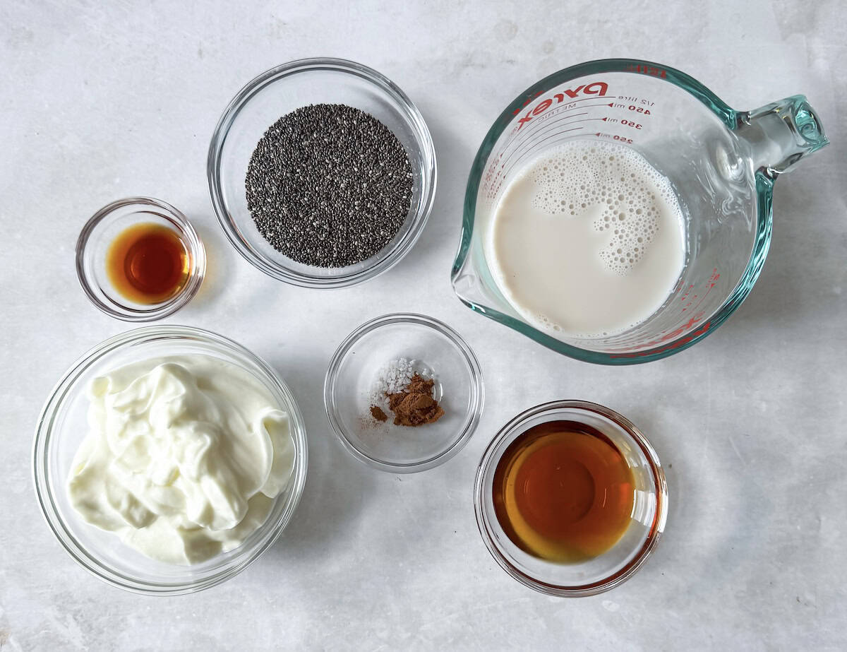ingredients for chia pudding on a table.
