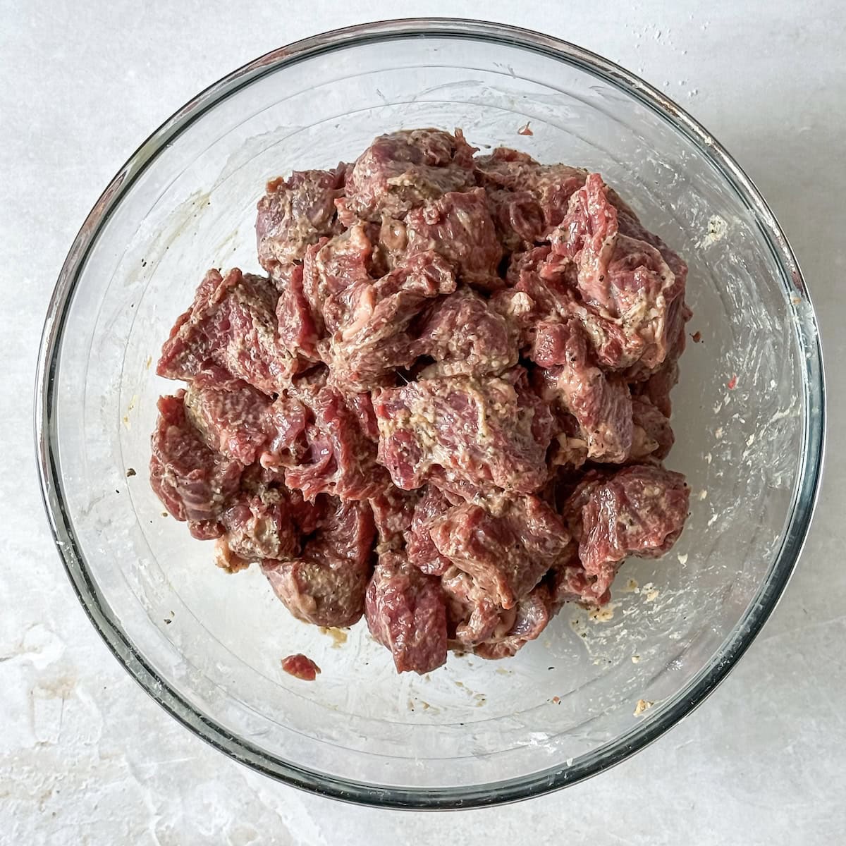 beef chunks marinating.