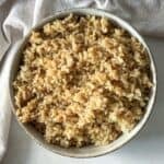 bone broth rice overhead view in a bowl.