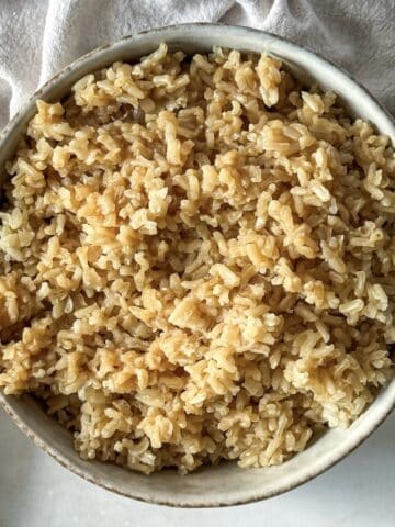 bone broth rice overhead view in a bowl.