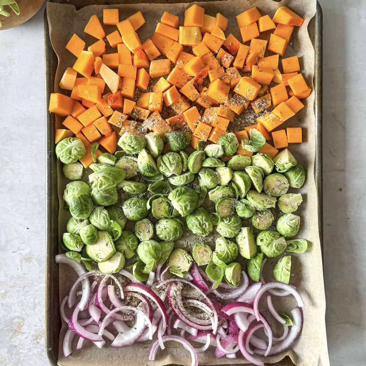 butternut squash, brussels sprouts, red onion with seasoning on top.