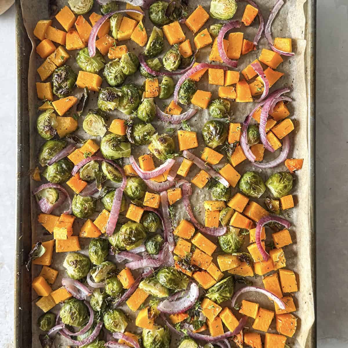 fall sheet pan roasted vegetables overhead view.