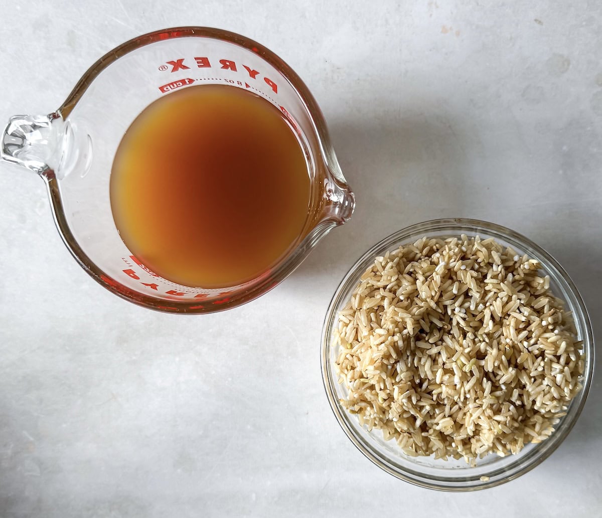 ingredients for bone broth rice on a table.