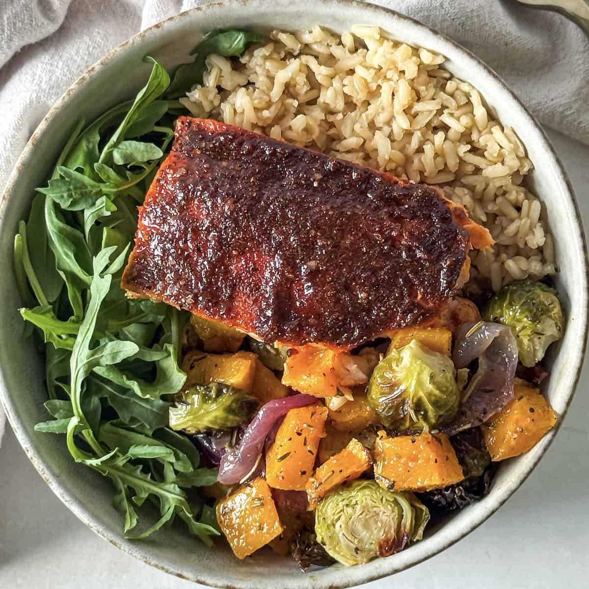 salmon rice bowl overhead view.