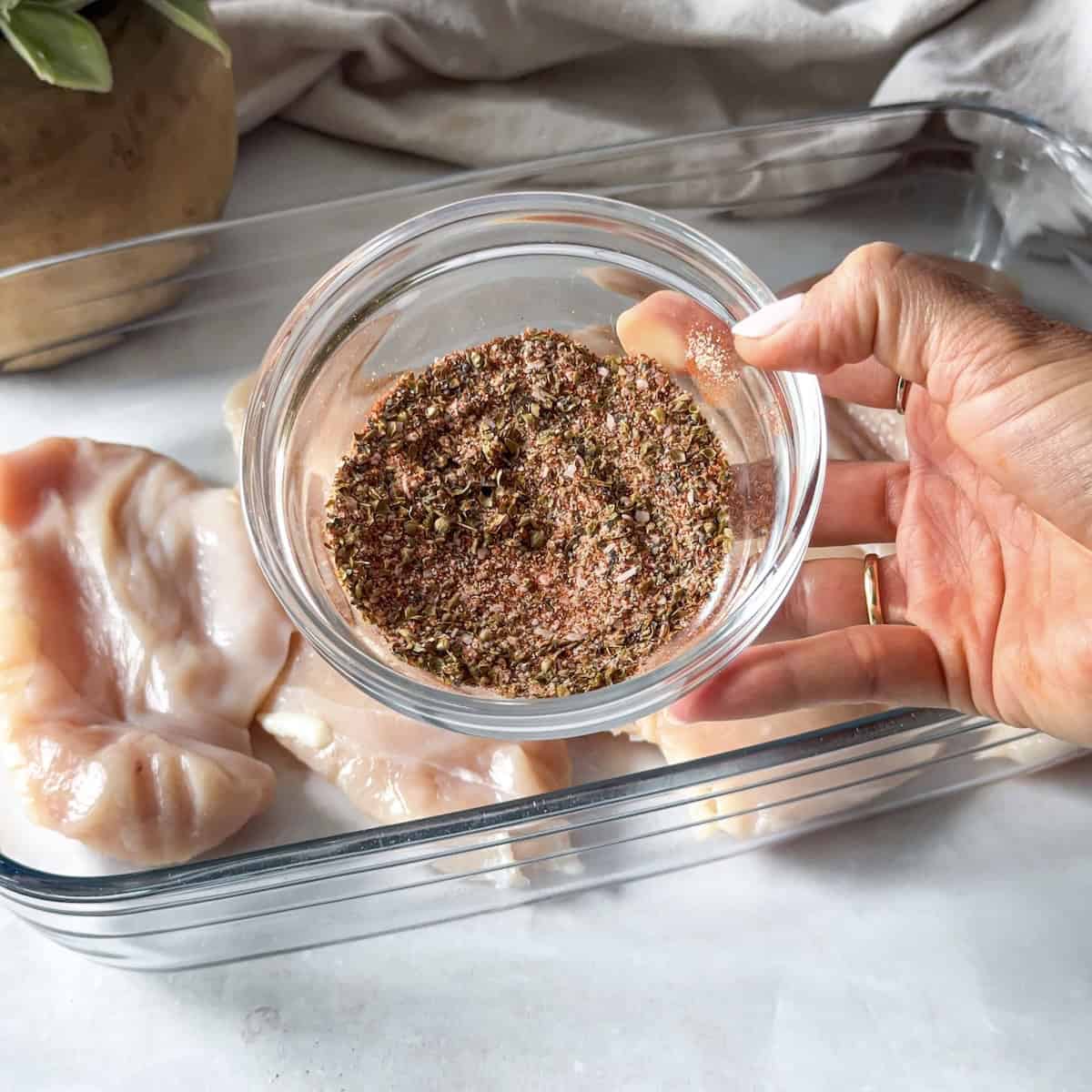 seasoning blend in a small glass bowl.