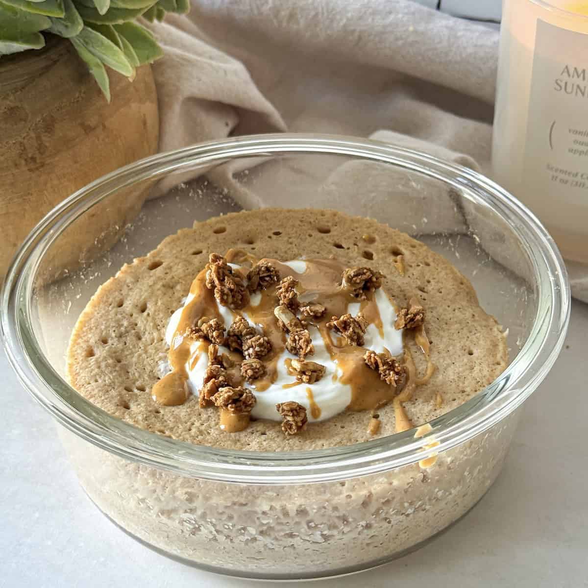 side view of a protein pancake bowl.