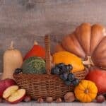 Fall recipes image with squash, apple, and grapes.