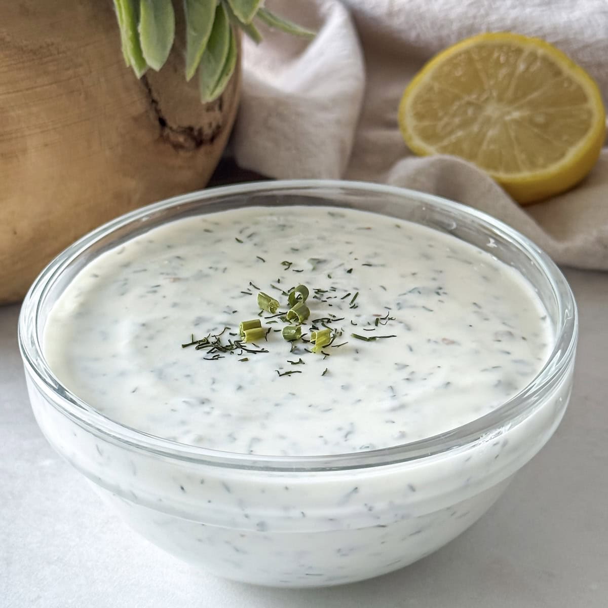 healthy homemade ranch dressing side view.