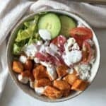 overhead view of buffalo chicken bowl.