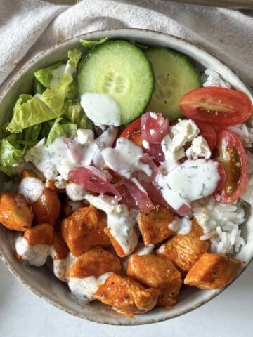 overhead view of buffalo chicken bowl.