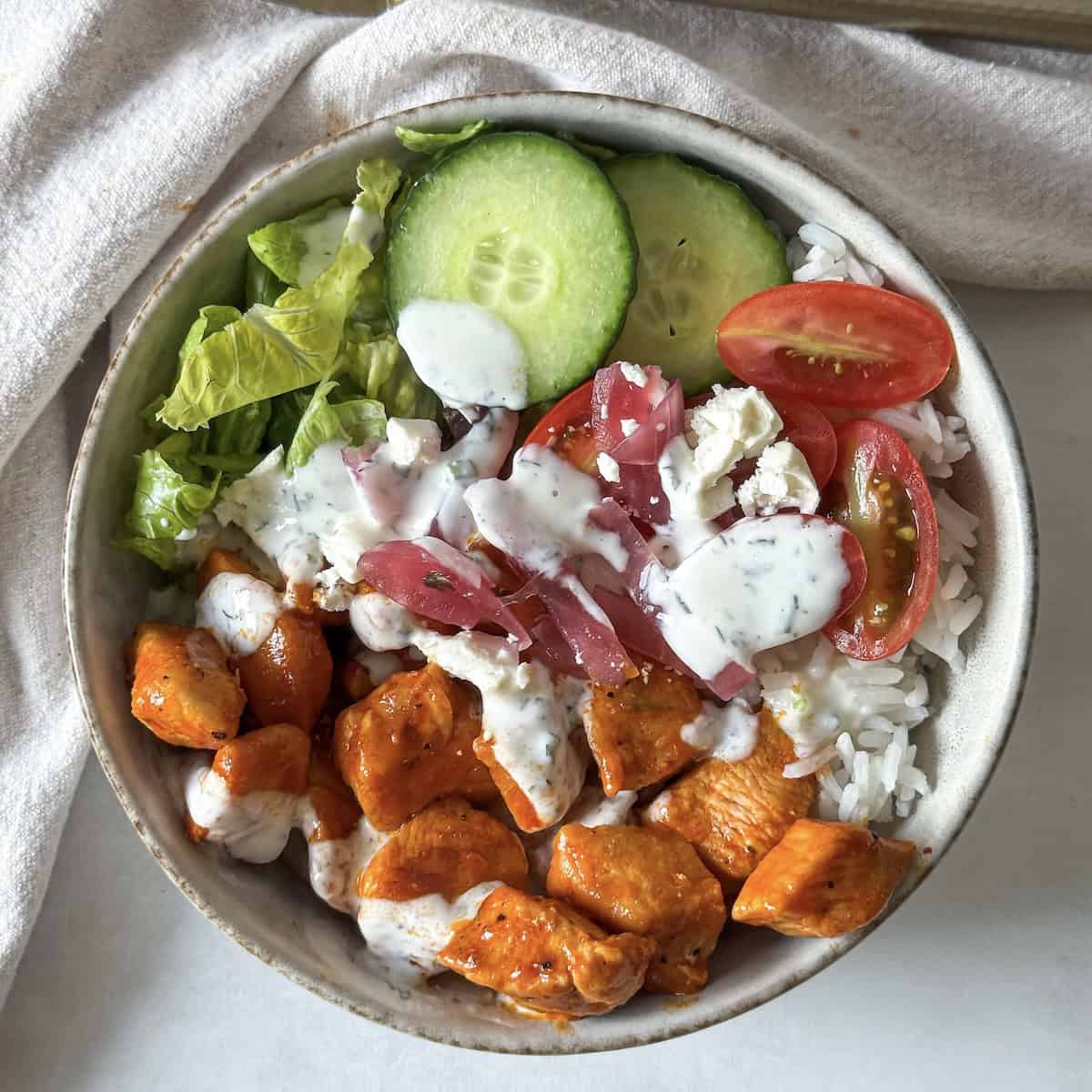 overhead view of buffalo chicken bowl.