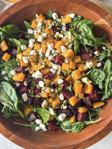overhead view of butternut squash beet salad.