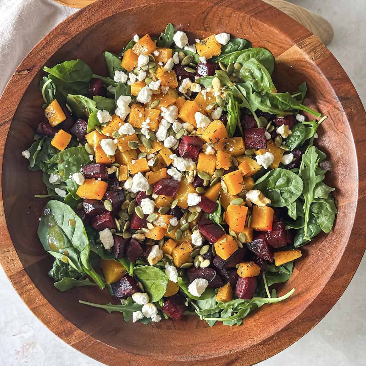 overhead view of butternut squash beet salad.
