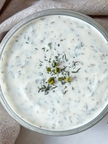 overhead view of healthy ranch dressing made with Greek yogurt.