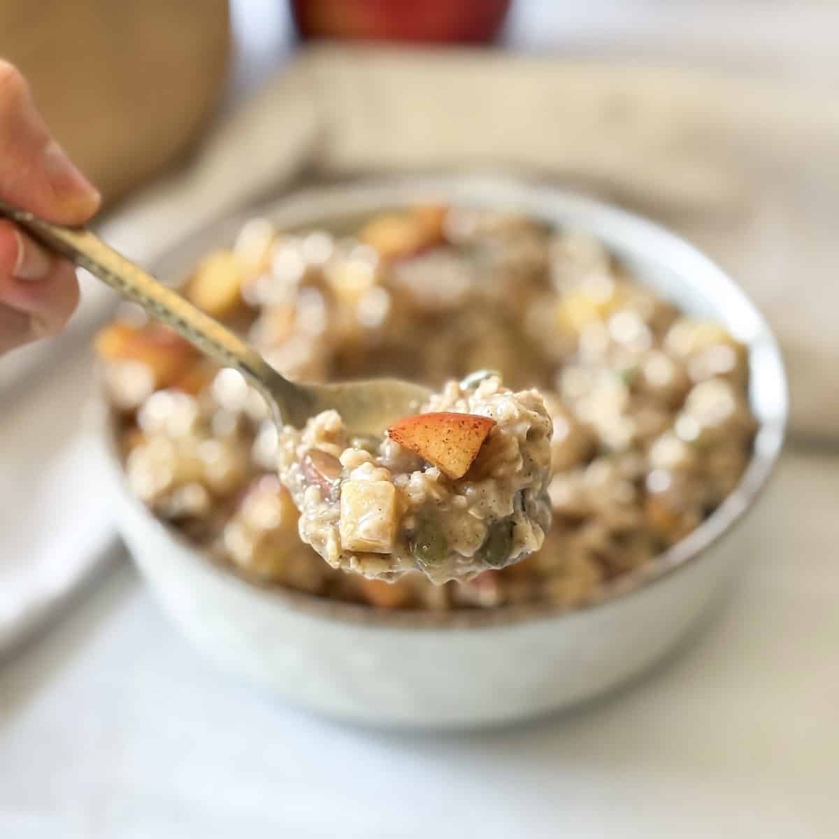 bite of apple cinnamon oatmeal on a spoon.