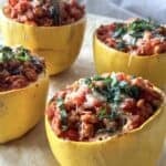 close up of spaghetti squash with meat sauce.
