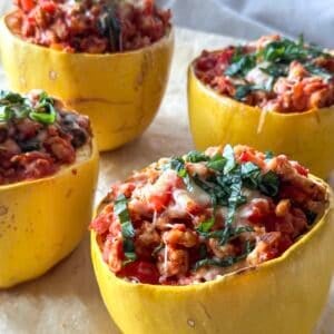 close up of spaghetti squash with meat sauce.
