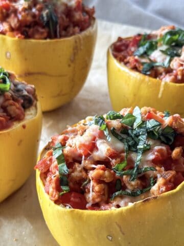 close up of spaghetti squash with meat sauce.