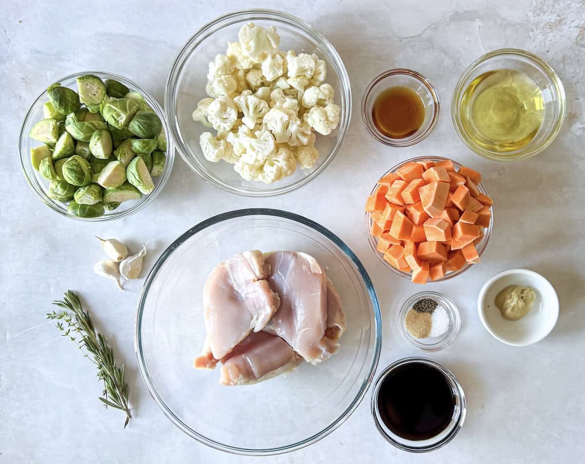 ingredients for chicken thigh sheet pan dinner on a table.