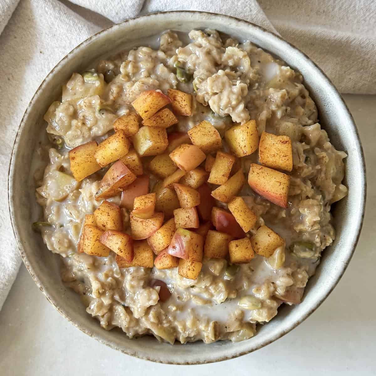 overhead view of apple cinnamon oatmeal in a bowl.