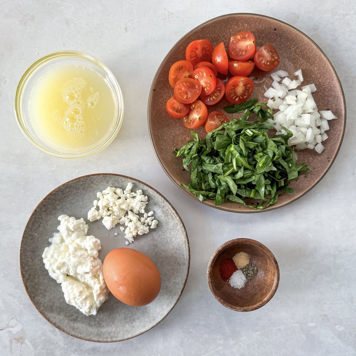 overhead view of ingredients for high protein egg bake.