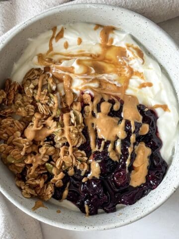 close up view of greek yogurt bowl.