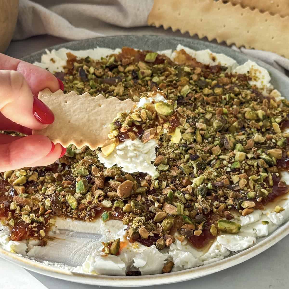 human hand holding a cracker with goat cheese dip.