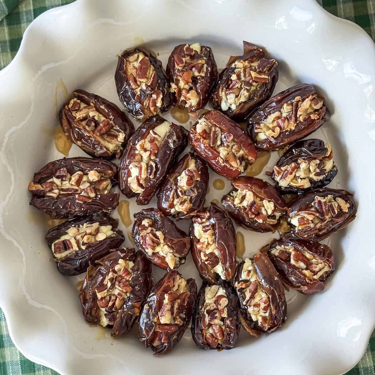 overhead view of goat cheese stuffed dates.