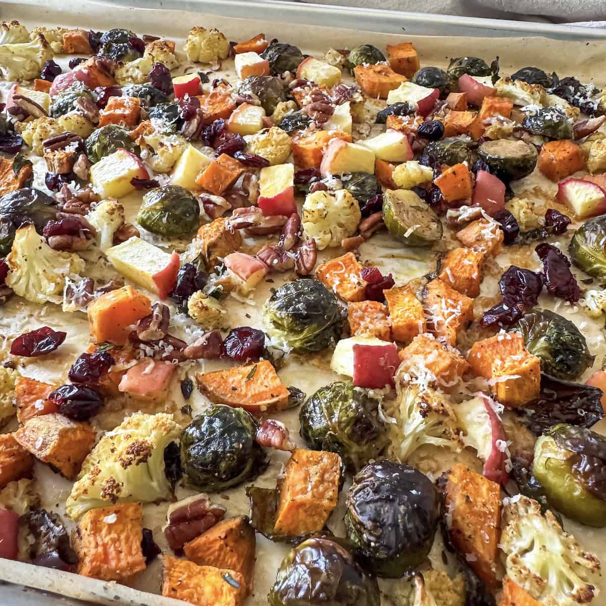 side view of roasted brussels sprouts and sweet potatoes with cranberries and pecans on a sheet pan.