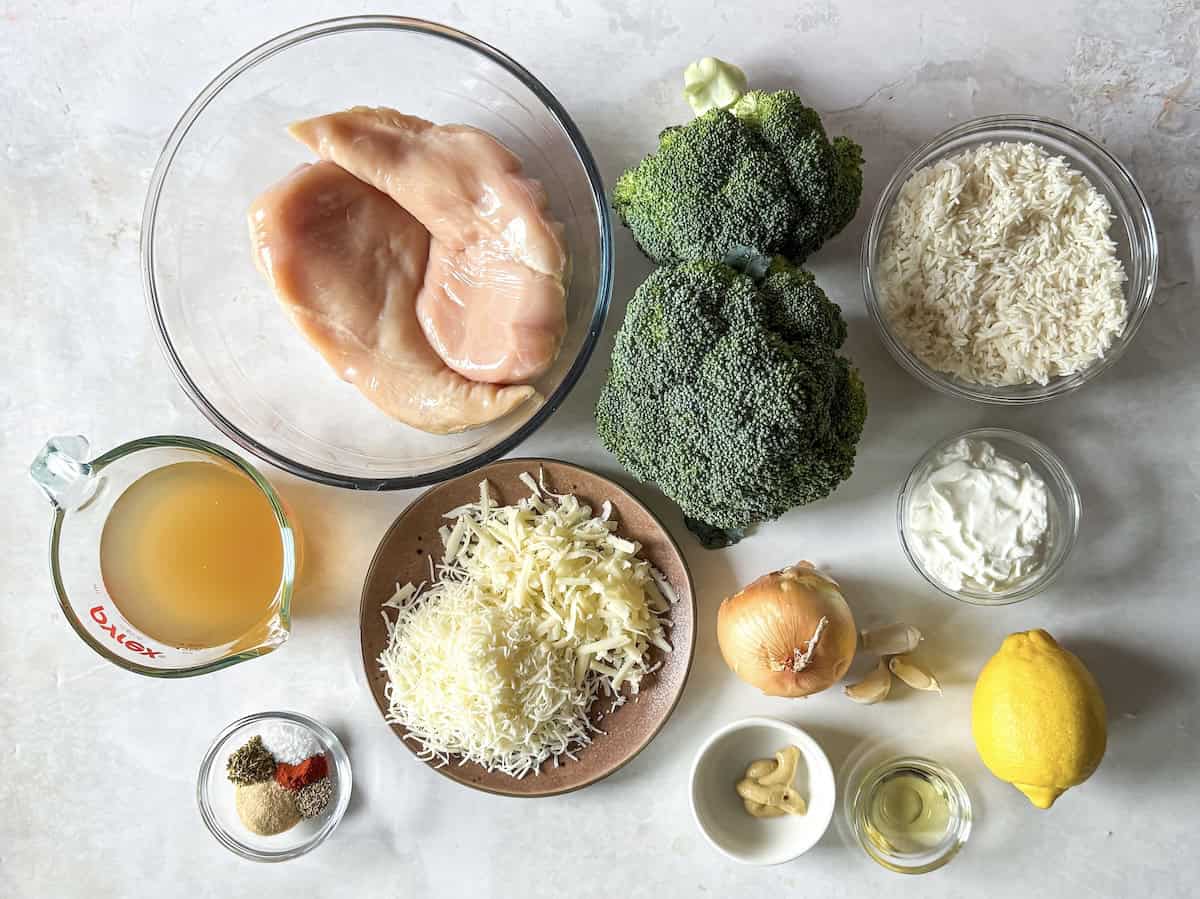 ingredients for broccoli chicken rice skillet dinner on a table.