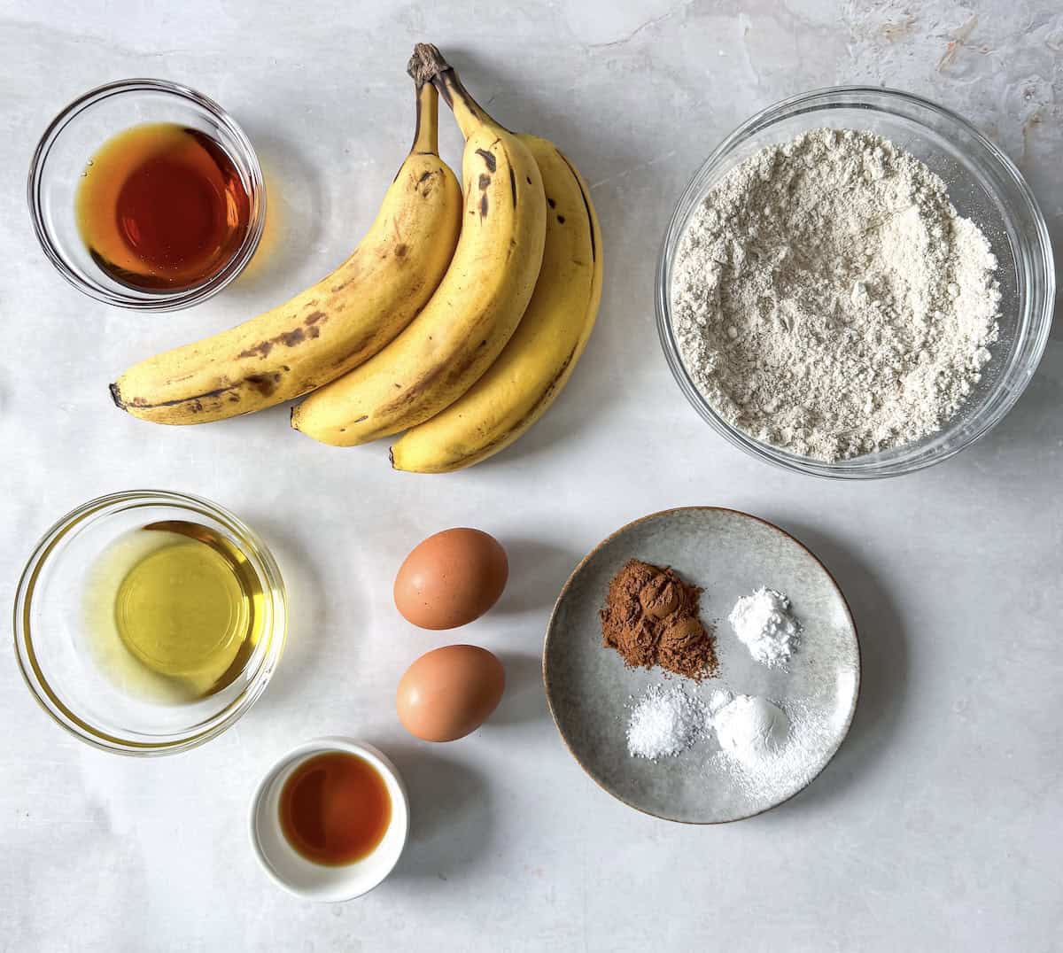 ingredients for healthy banana bread on a table.