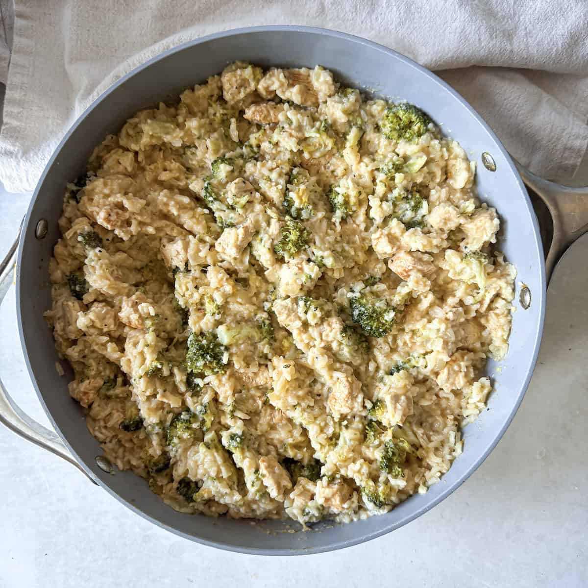 overhead view of broccoli chicken rice skillet.