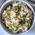 overhead view of broccoli chicken rice skillet dinner.