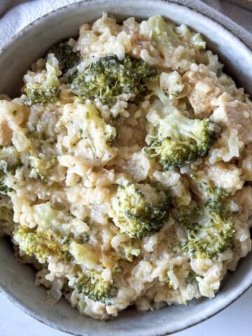 overhead view of broccoli chicken rice skillet dinner.