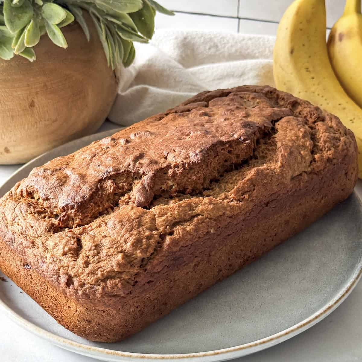 side view of a loaf of healthy banana bread.