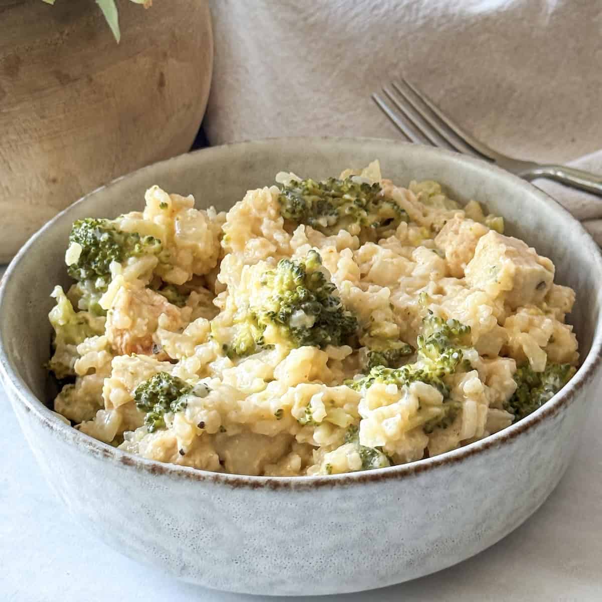 side view of broccoli chicken rice skillet dinner.