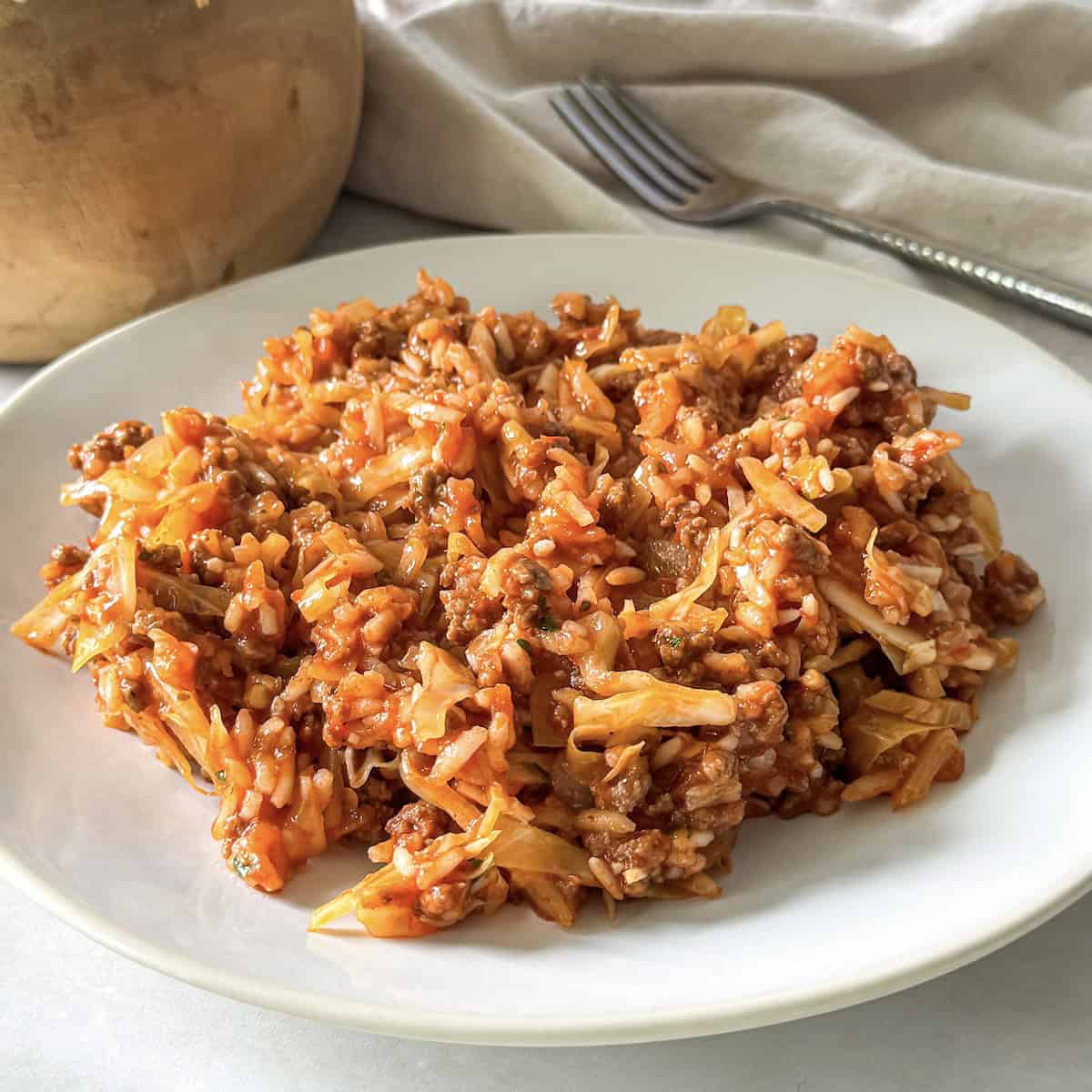 unstuffed cabbage roll skillet on a plate.
