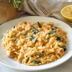 close up side view of lemon chicken orzo on a plate.
