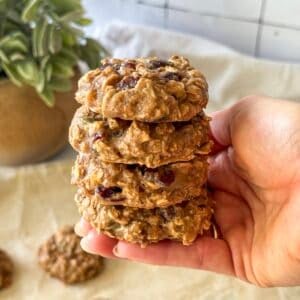 human hand holding a stack of breakfast cookies.